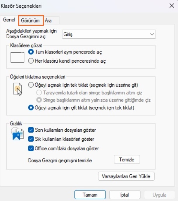 Klasör Seçenekleri Ekranı Windows 11