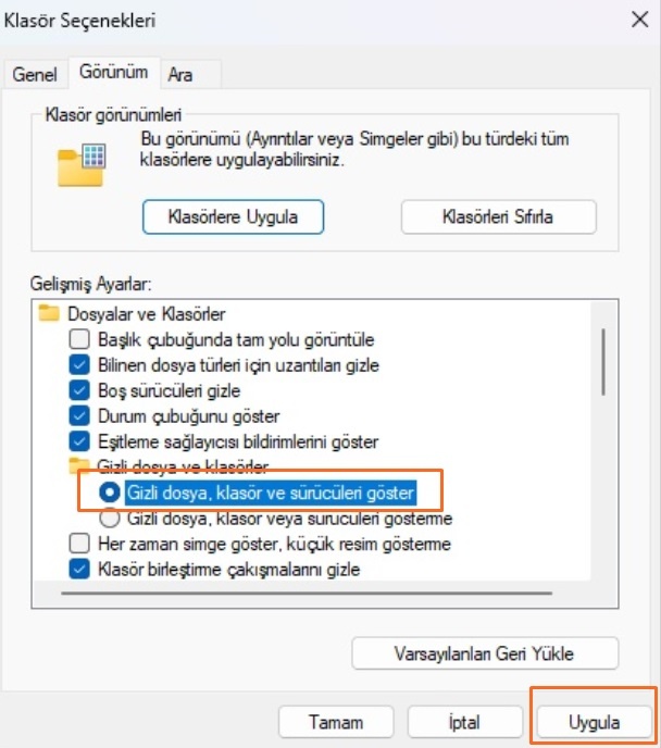 Gizli Dosya ve Klasörleri Göster - Windows 11